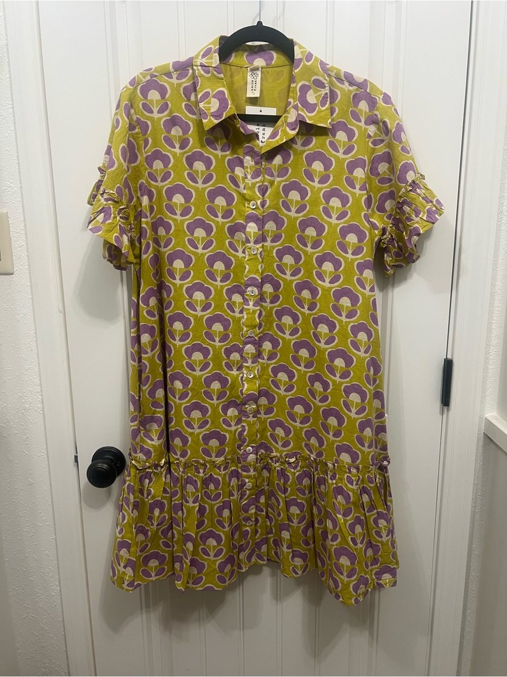 Uncle Frank Yellow and Purple Floral Button-Down Ruffle Dress